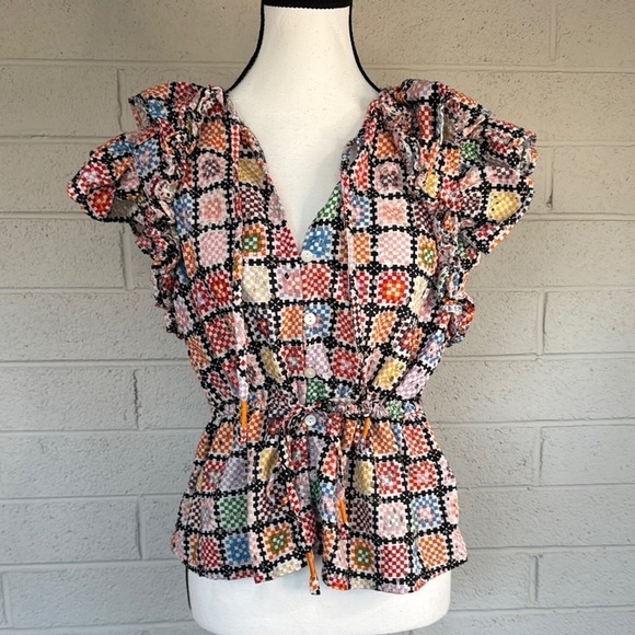Maeve Ruffled Tie Waist Blouse in Colorful Granny-Square Eyelet Print, S - Picture 2 of 16